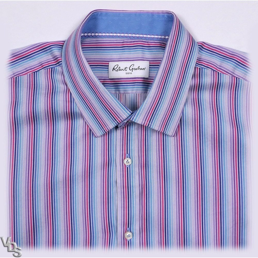 Robert Graham Luxury Cotton Short Sleeve Dress Shirt Men's 44 / 17.5 ~ Striped